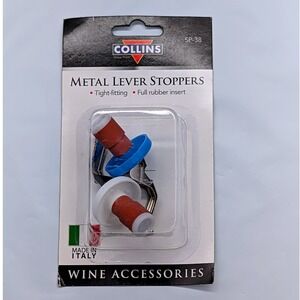 Collins Metal Lever Wine Bottle Stoppers SP-38 Made in Italy Blue White 2 Pack
